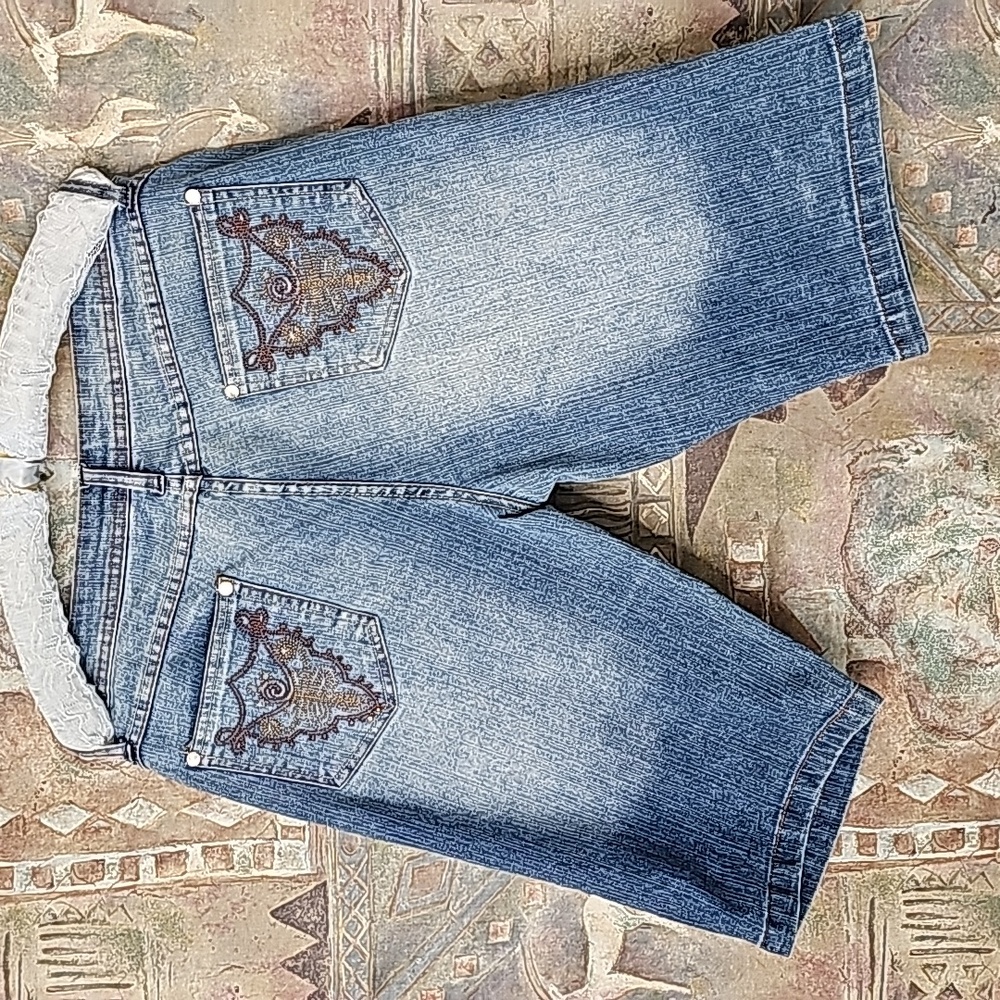 deb jean shorts embellished back pockets long inseam stretch
